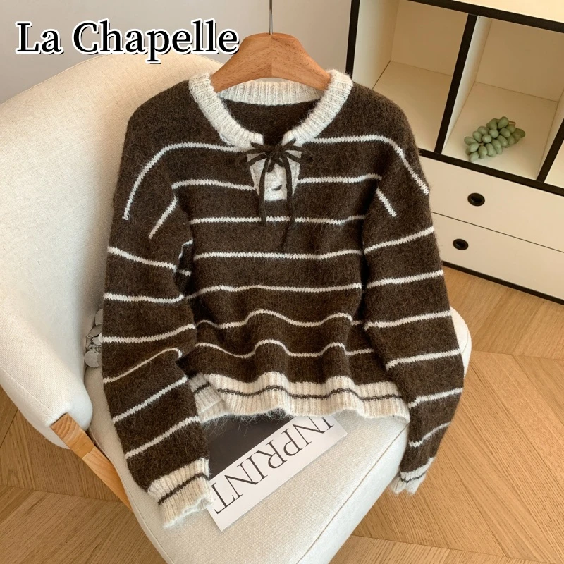 拉夏贝尔秋冬美拉德圆领条纹毛衣洋气百搭软糯宽松显瘦系绳针织衫