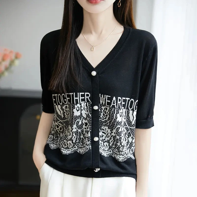 女士夏季钩花天丝针织短袖T恤气质减龄洋气半袖上衣