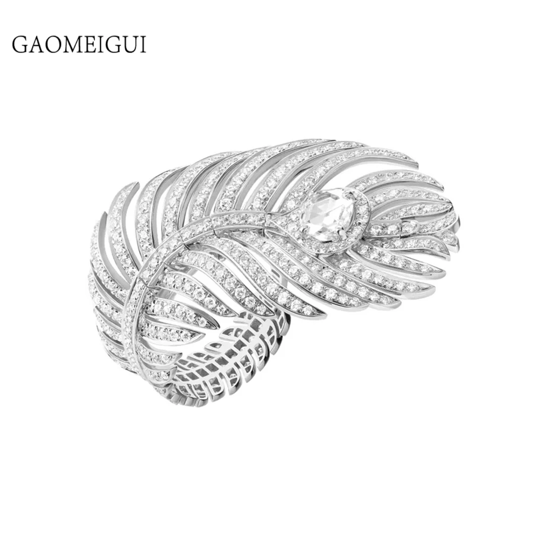 925银合成锆石戒指 GAOMEIGUI 高定高奢古力娜扎同款羽毛戒指