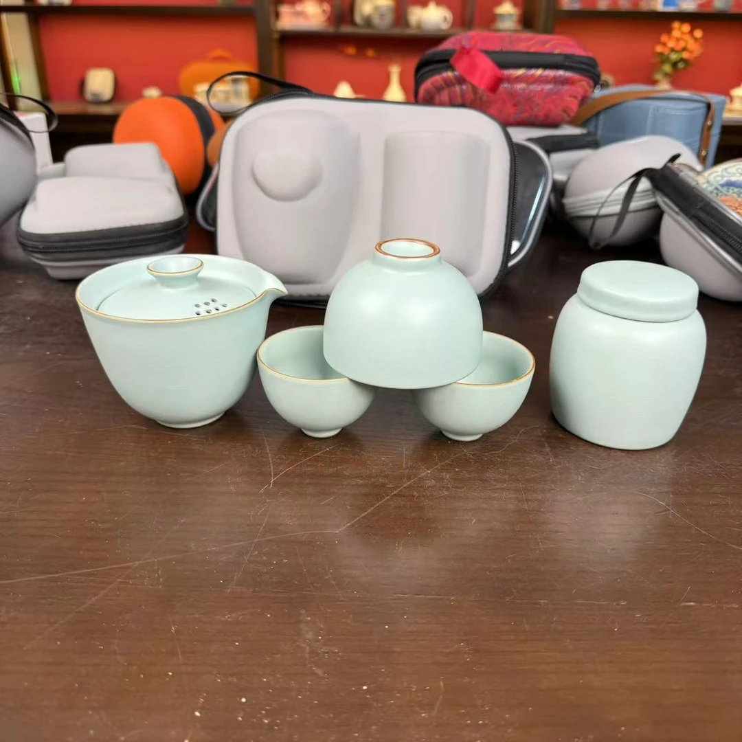 天青带茶叶罐一壶三杯带包