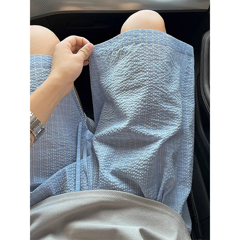 泡泡纱蓝色格子短裤男款夏季速干冰丝裤子美式休闲宽松运动五分裤
