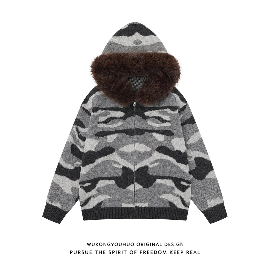 悟空有货美式复古迷彩毛领连帽针织衫外套男潮牌街头短款拉链毛衣