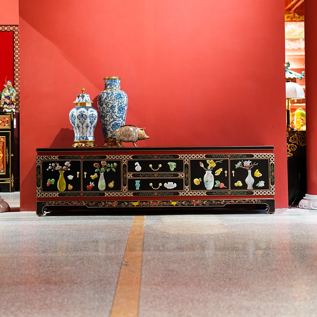 【本尼家】TS76新中式国风古典手绘漆画滑石镶嵌玄关柜家用电视柜