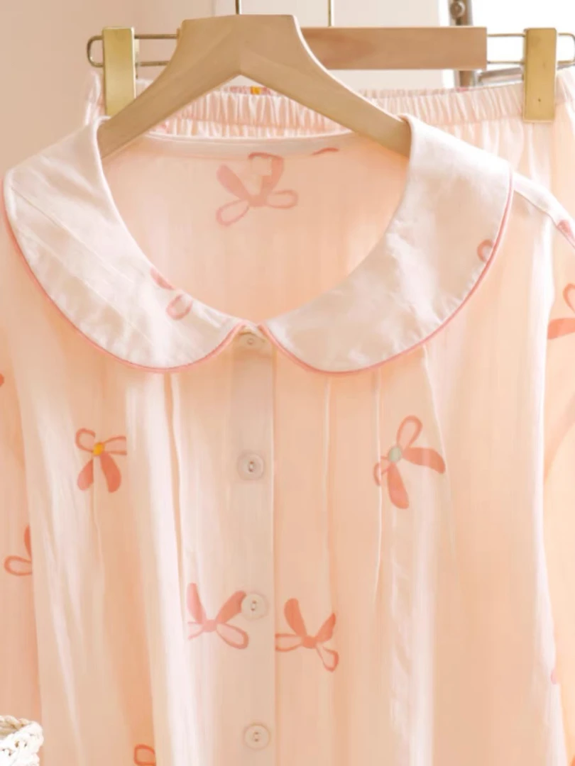 67-翻领粉蝴蝶结夏季新款棉纱薄款外穿公主三件套装带胸垫