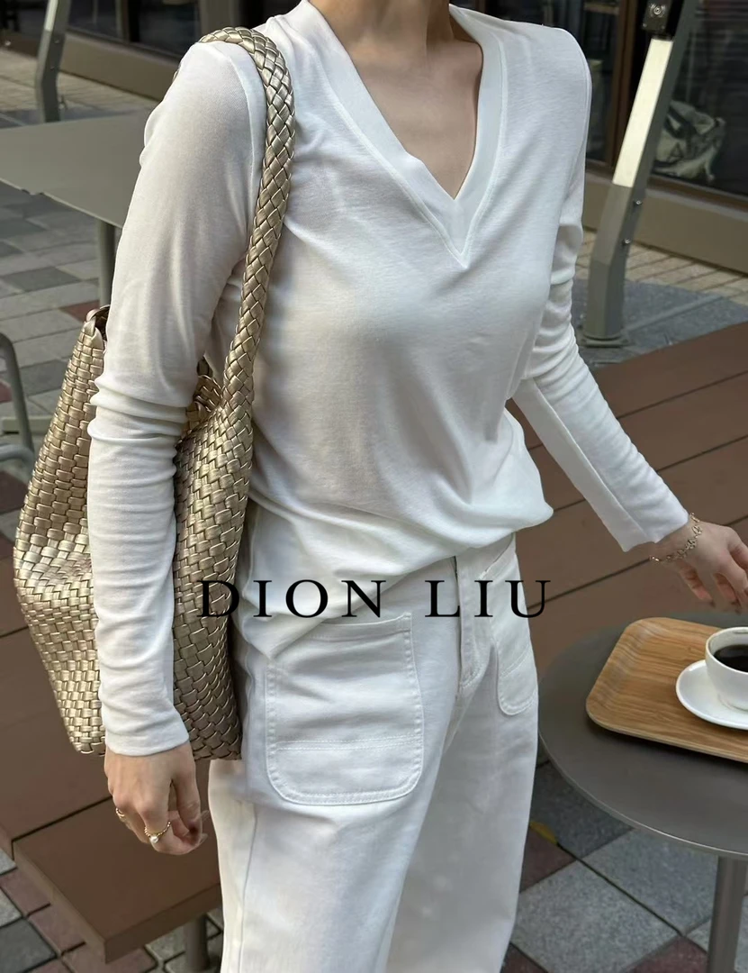 DION LIU｜【V领软糯】白色超舒适弹力T恤