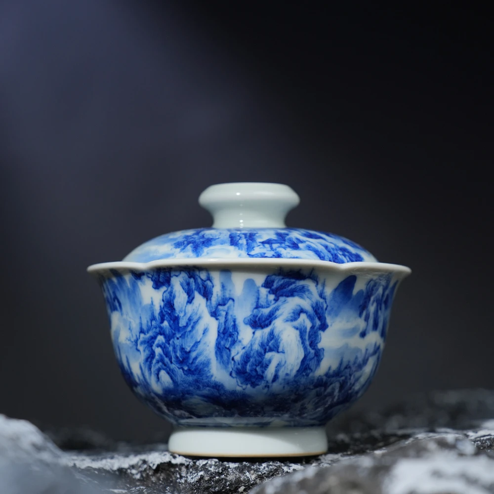 景琳藏北派山水云壑之巅花瓣盖碗 景德镇全手工手绘中式茶碗茶器
