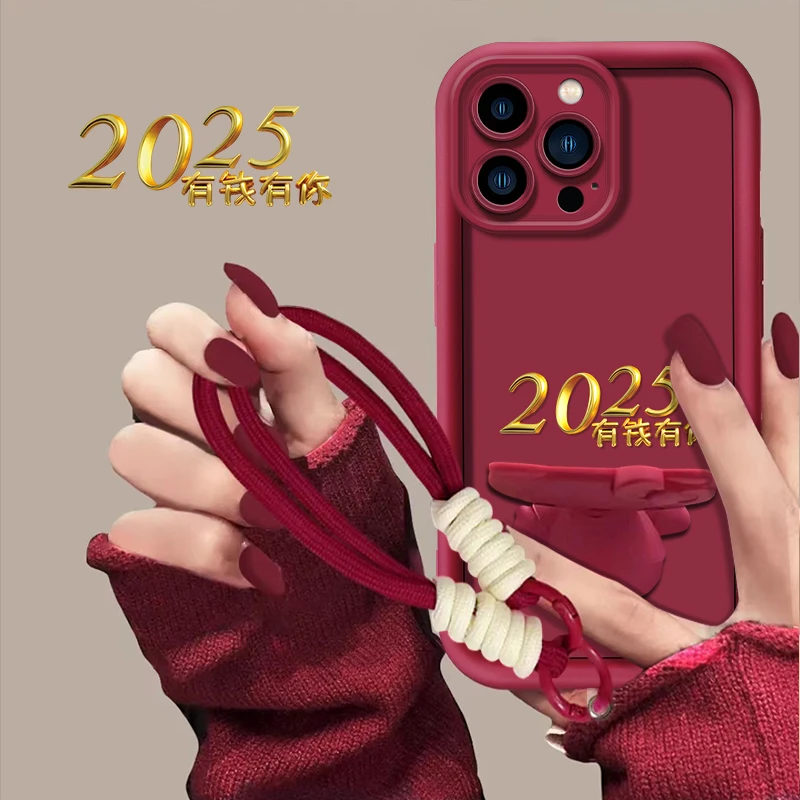 适用于【苹果11promax】2025有钱有你新年猫咪支架手机壳创意防摔女