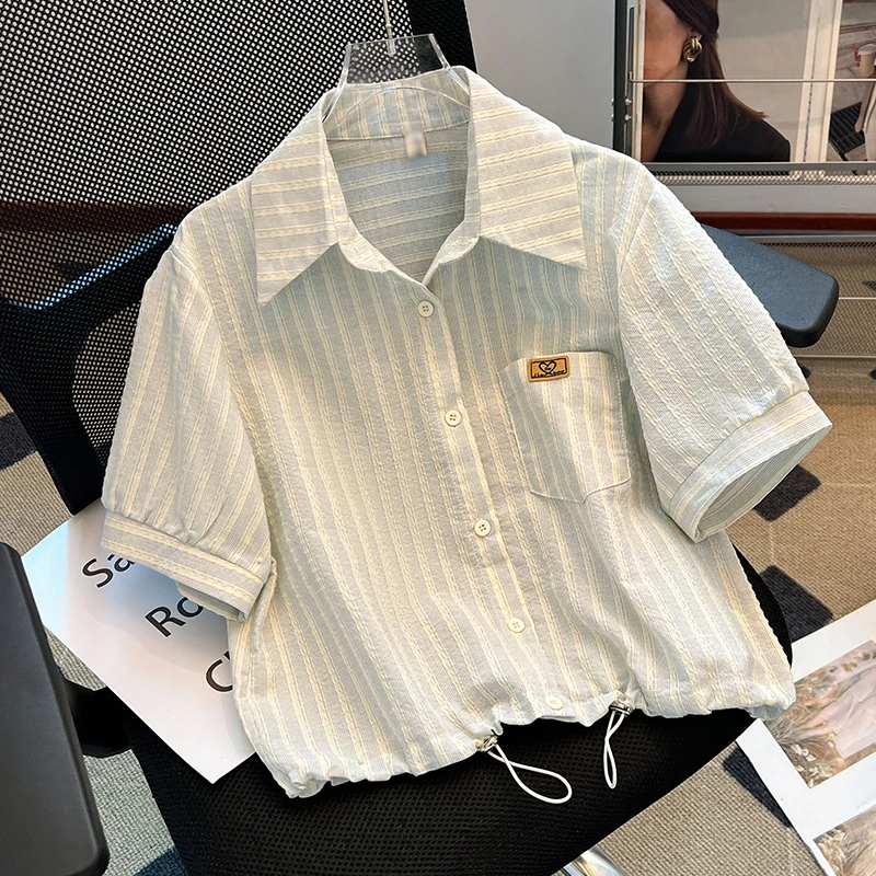 条纹短款短袖衬衫女夏装2025夏季新款小个子减龄抽绳设计感上衣潮