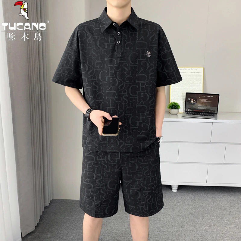 TUCANO/啄木鳥夏季新款时尚提花泡泡纱翻领POLO衫短款套装休闲帅T