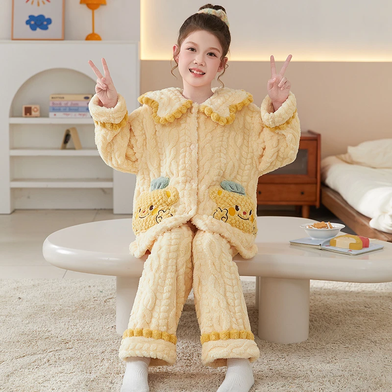 女童睡衣秋冬季珊瑚绒加厚儿童女孩法兰绒2025新款大童家居服冬款