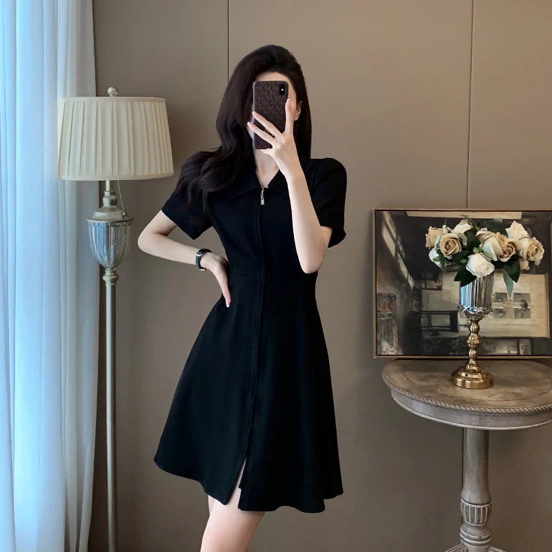 2025夏季新款连衣裙拉链重工赫本风小黑裙收腰显瘦显高气质短裙女