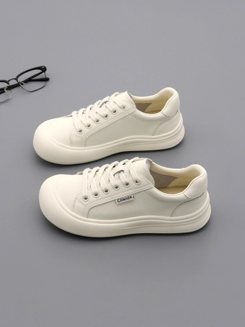 软皮小白鞋女单鞋2025秋季极简娃娃头软皮系带平底休闲鞋女板鞋子