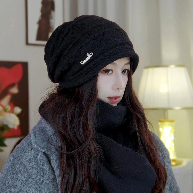 百搭卷边针织帽子女秋冬保暖护耳大头围双层加厚毛线包头帽堆堆帽