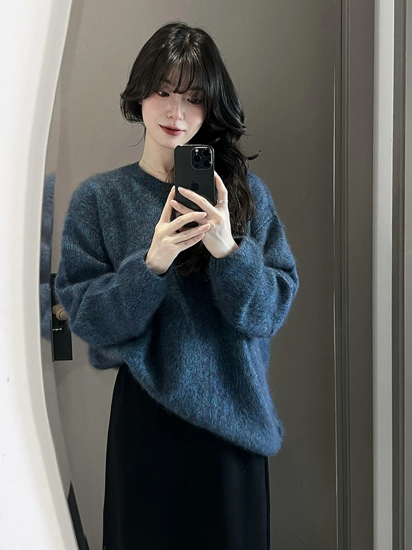 法式复古软糯慵懒风高级感超好看上衣别致绝美蓝色针织衫毛衣女秋