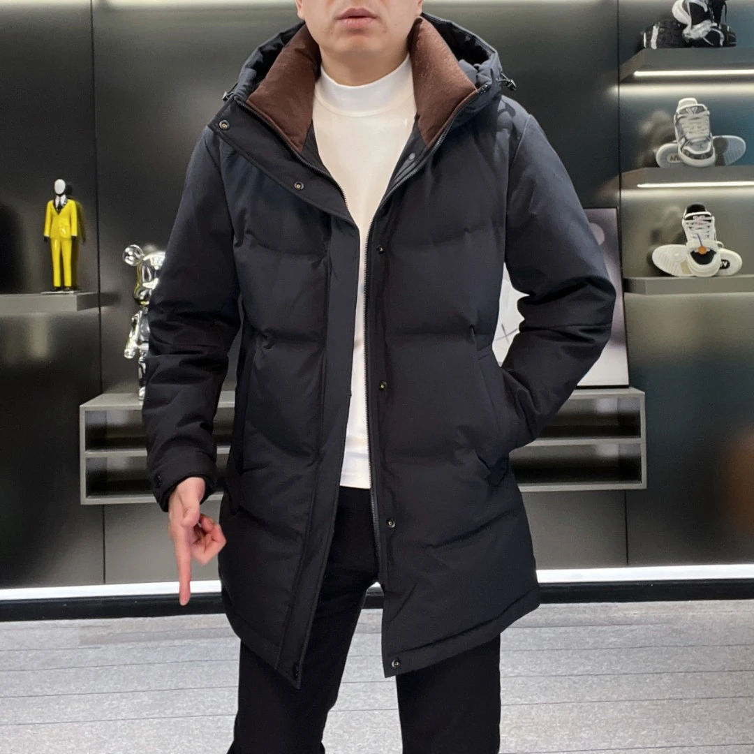 断码清仓【轻便型】923男士90白鸭绒中长款连帽羽绒服24冬季哑光黑