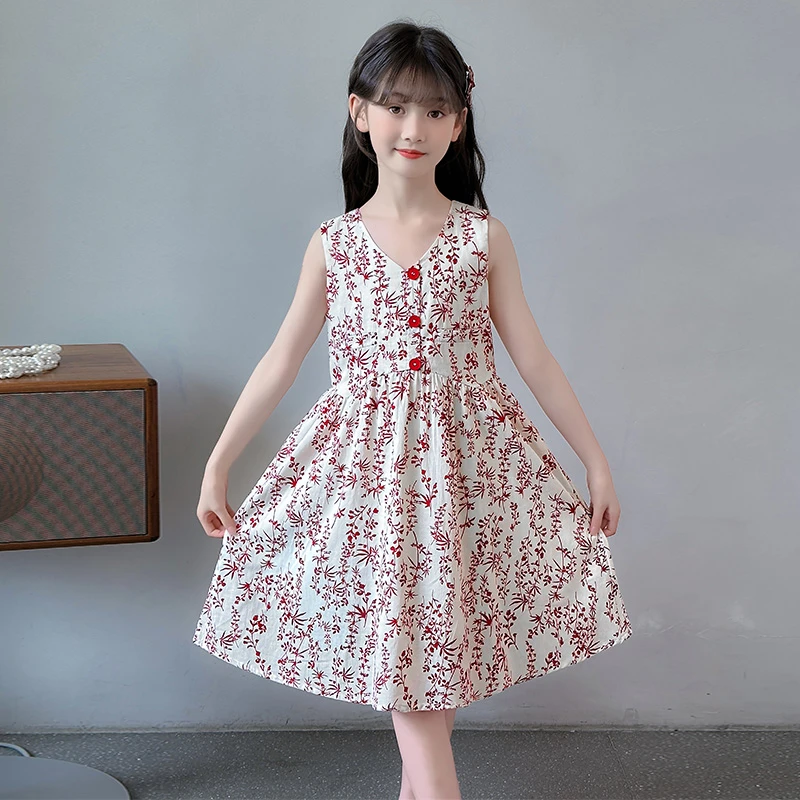 女童碎花连衣裙夏款2025儿童休闲时髦棉布裙小女孩无袖背心裙子