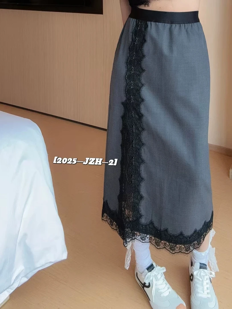 早秋开叉半身裙女2025秋季新款蕾丝高腰显瘦气质百搭通勤中长裙