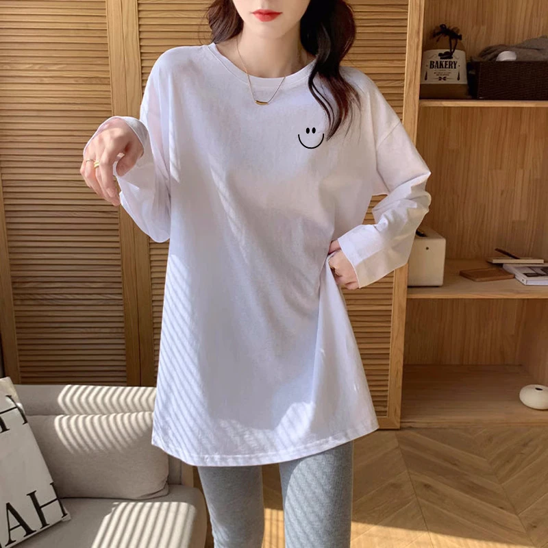 欧货白色加绒打底女棉质中长款2025春秋冬新款长袖T恤宽松遮屁股