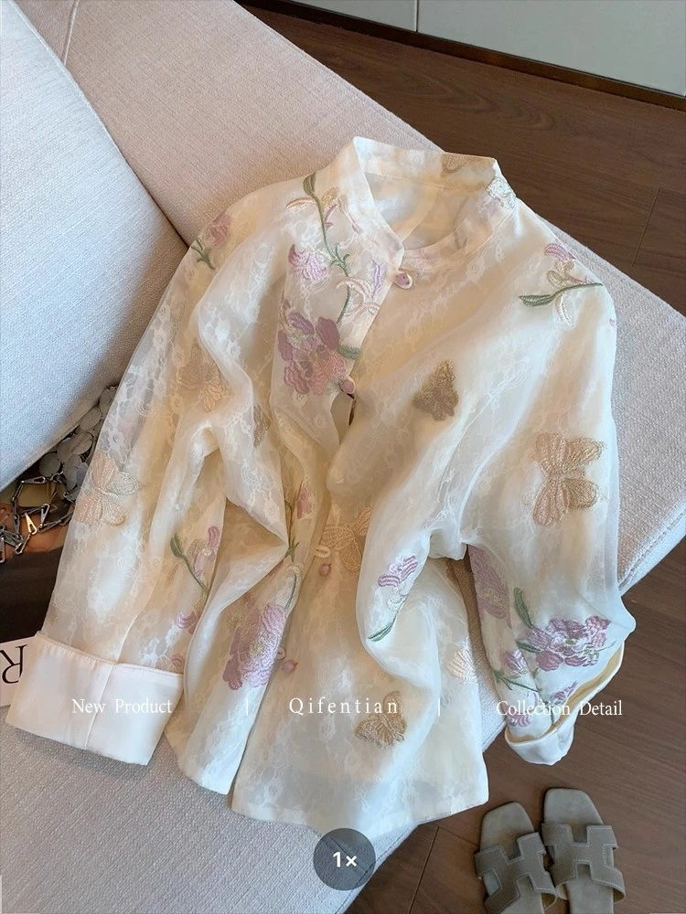 新中式网纱刺绣重工短外套女早秋新款高级感气质国风薄款防晒衬衫