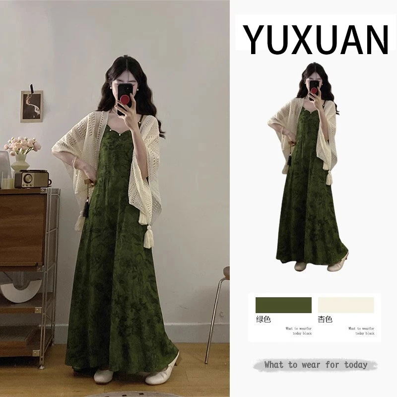 法式高级感绿色碎花吊带连衣裙女2025夏季大码胖mm海边度假长裙子
