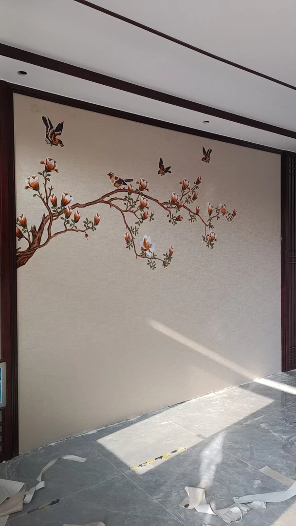 独绣刺绣床头电视背景墙沙发新中式独秀花鸟纯绣墙布壁画鹊返鸾回