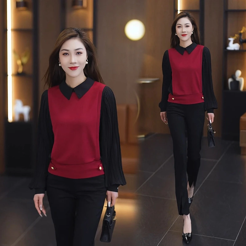 时尚假两件拼接衬衫女2025春季新款休闲洋气拼色显瘦百搭上衣
