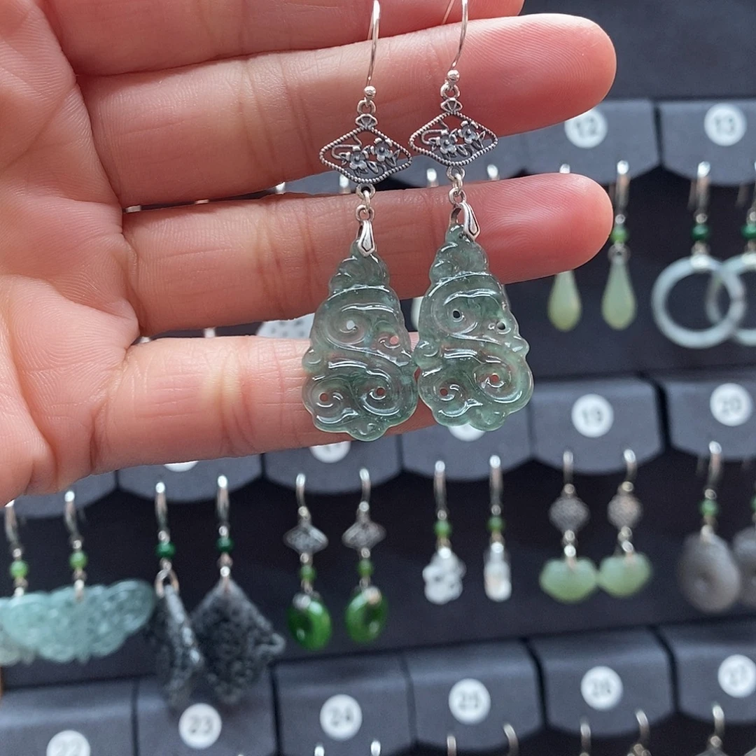 平***福翡翠银S925镶嵌耳饰