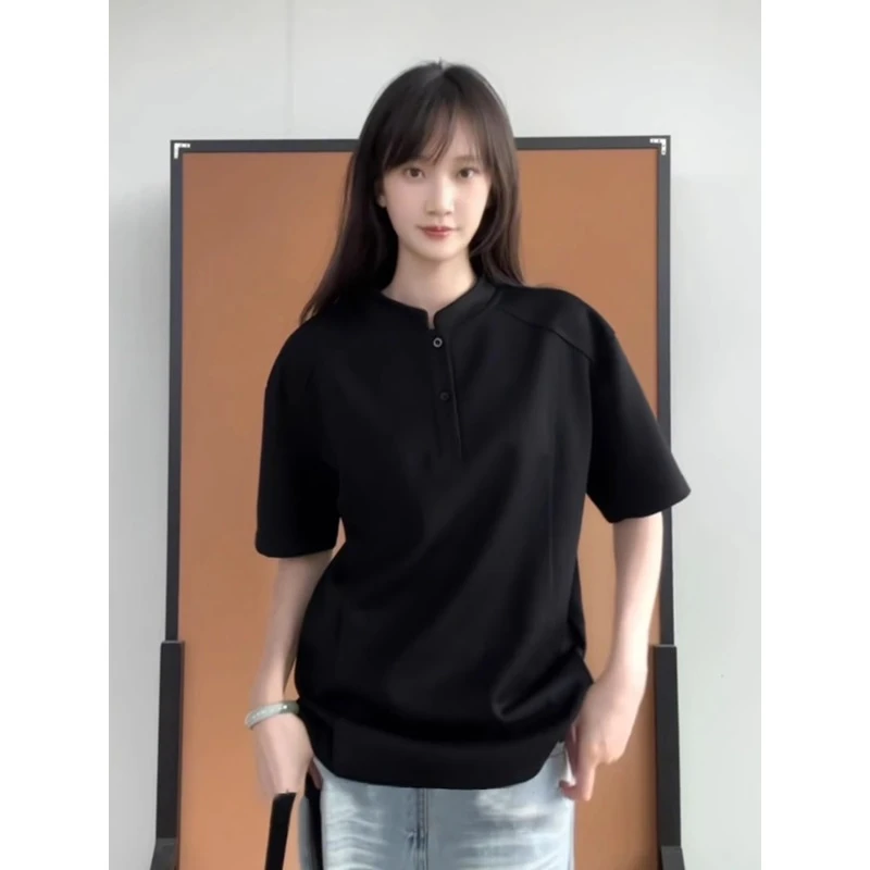 黑色亨利领短袖polo衫男款夏季潮牌美式正肩t恤cleanfit解构半袖