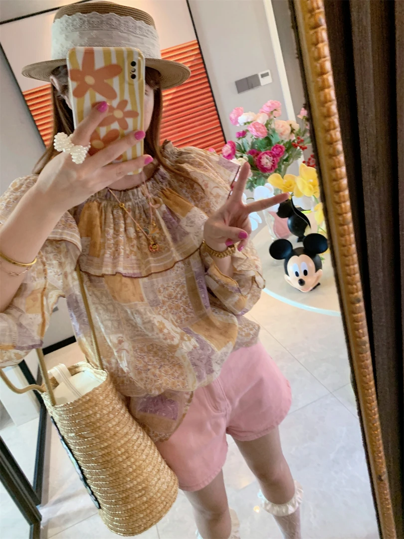 JENNIFER JXLIU韩版波西米亚风一字领荷叶边宽松露肩雪纺衫上衣女