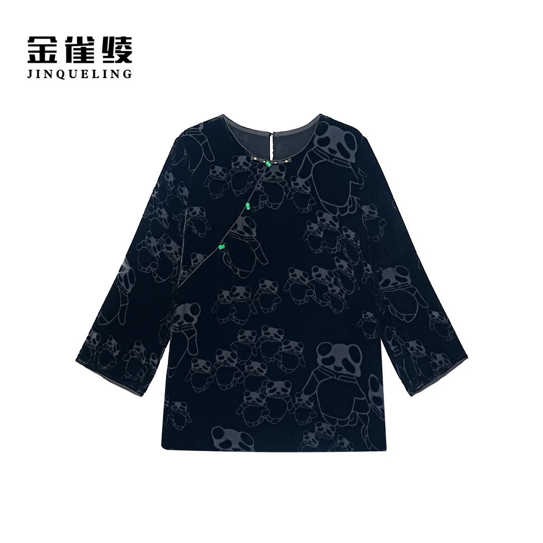 金雀绫【熊猫姐妹】新中式100桑蚕丝丝绒圆领加宽加大小衫SZA2SW535