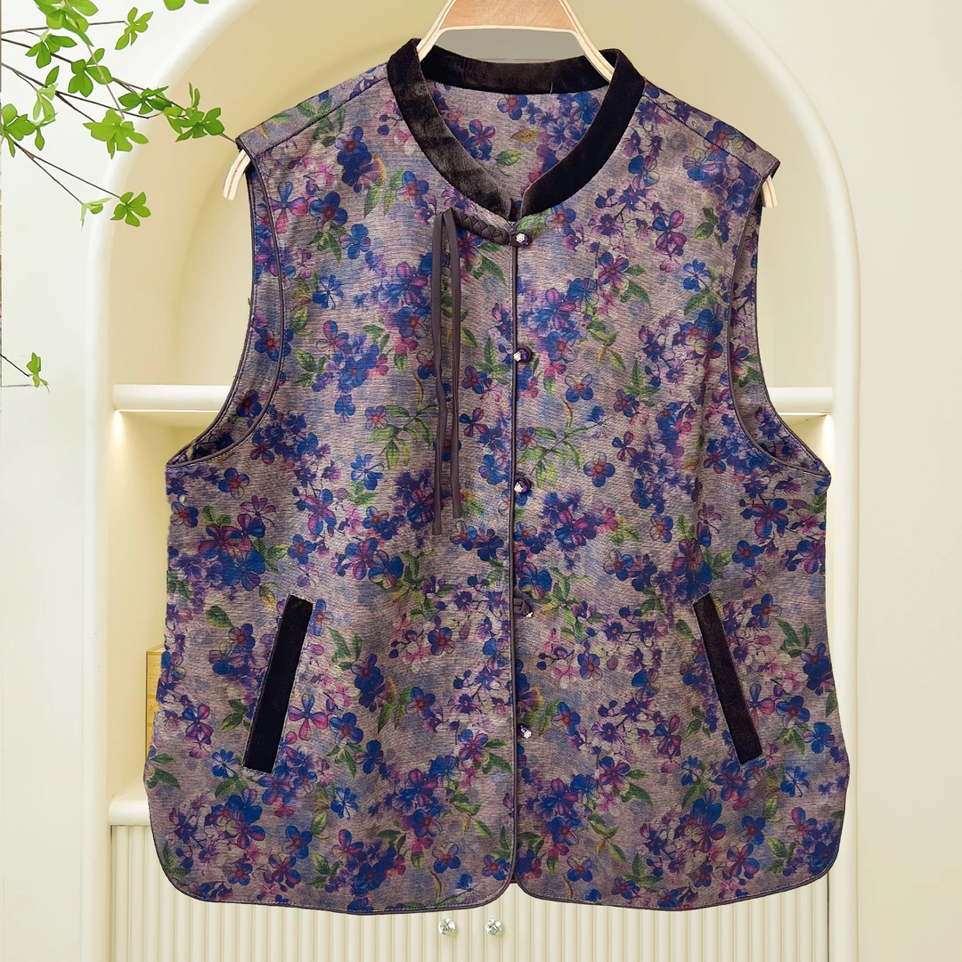 大码妈妈装碎花立领马甲女2025春新款中老年休闲百搭国风盘扣背心