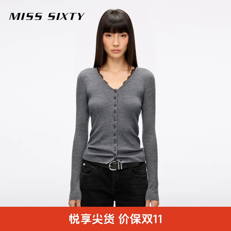 Miss Sixty2025秋季新款羊毛针织开衫女V领蕾丝拼接修身短款上衣