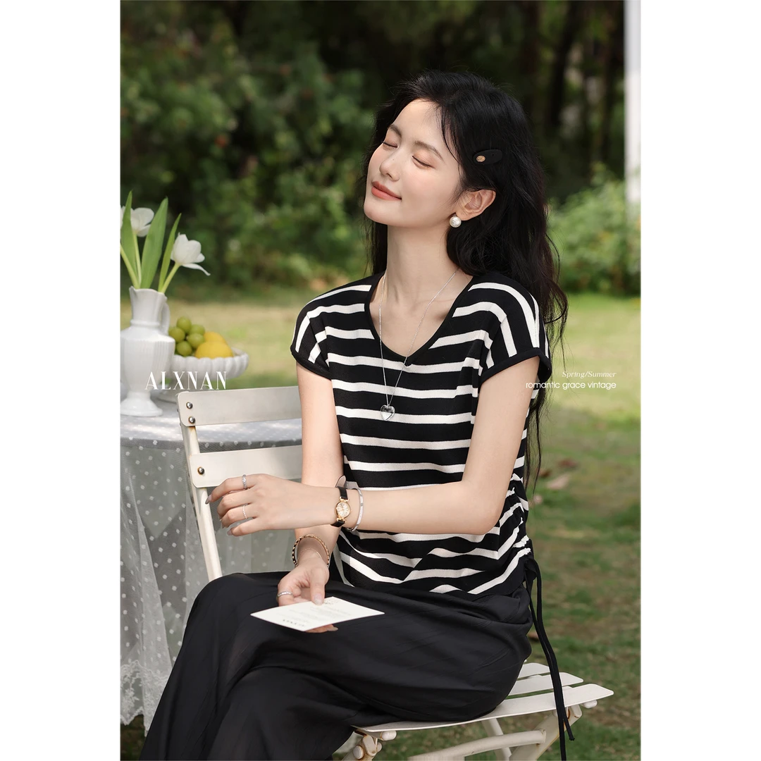 【清清】「纹间诗韵」小众条纹女短袖针织衫t恤夏不规则上衣