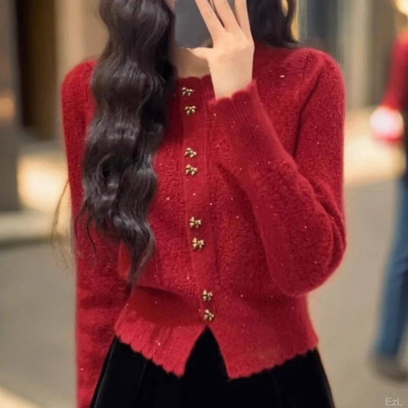 韩系小香风蝴蝶结亮闪闪毛衣女2025秋冬新款气质收腰短款针织开衫