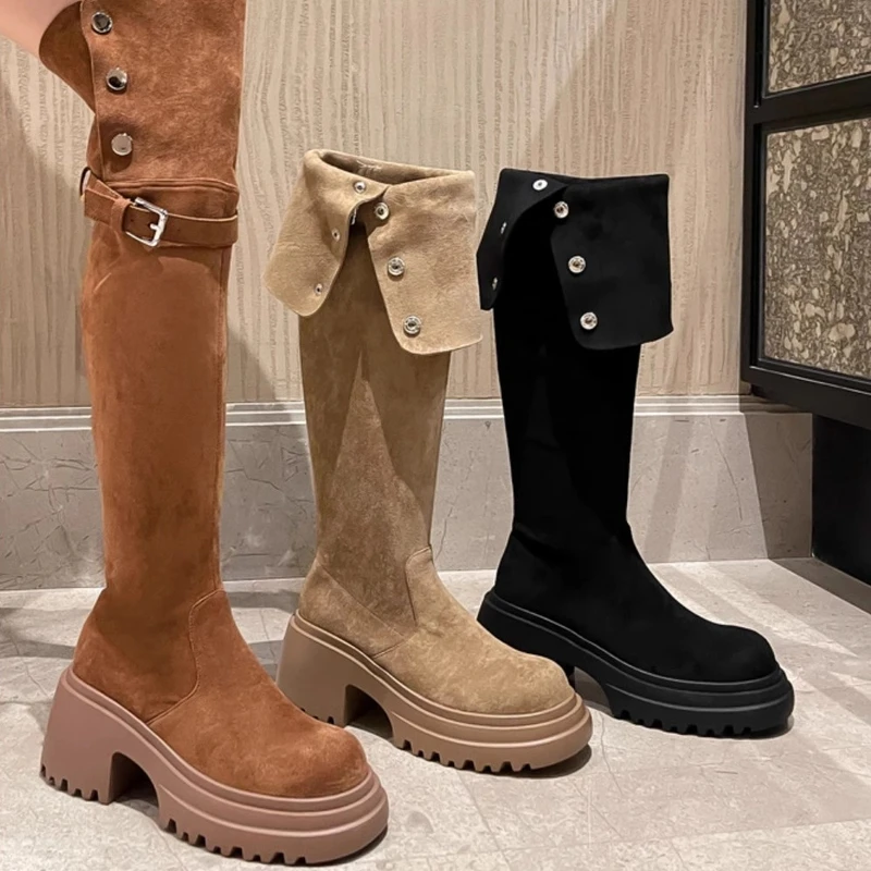 【巨显高】两穿翻折过膝长靴女粗跟厚底7cm显瘦高筒骑士靴女弹力
