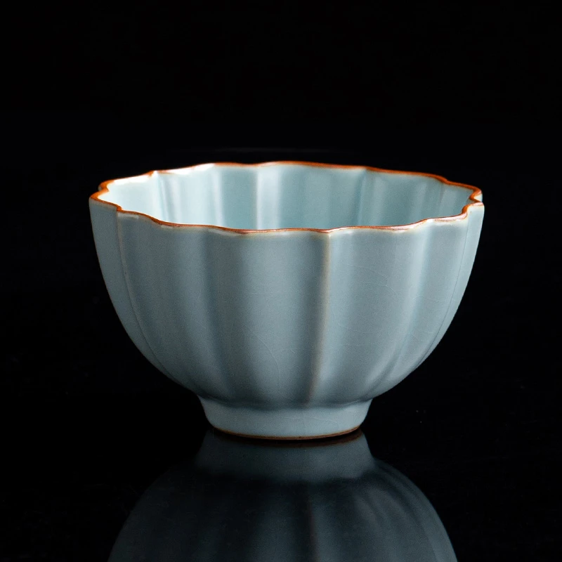 汝窑天青色花瓣杯高档陶瓷主人杯开片可养品茗杯功夫茶具茶盏喝茶