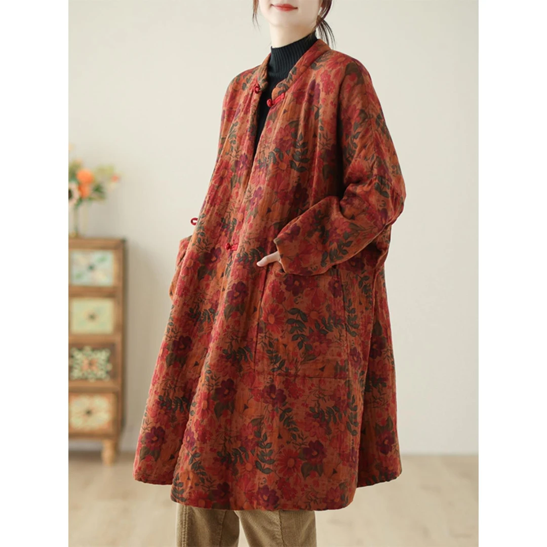 中国风印花棉麻棉衣外套女2025冬覆古盘扣加厚保暖中长款棉服大衣