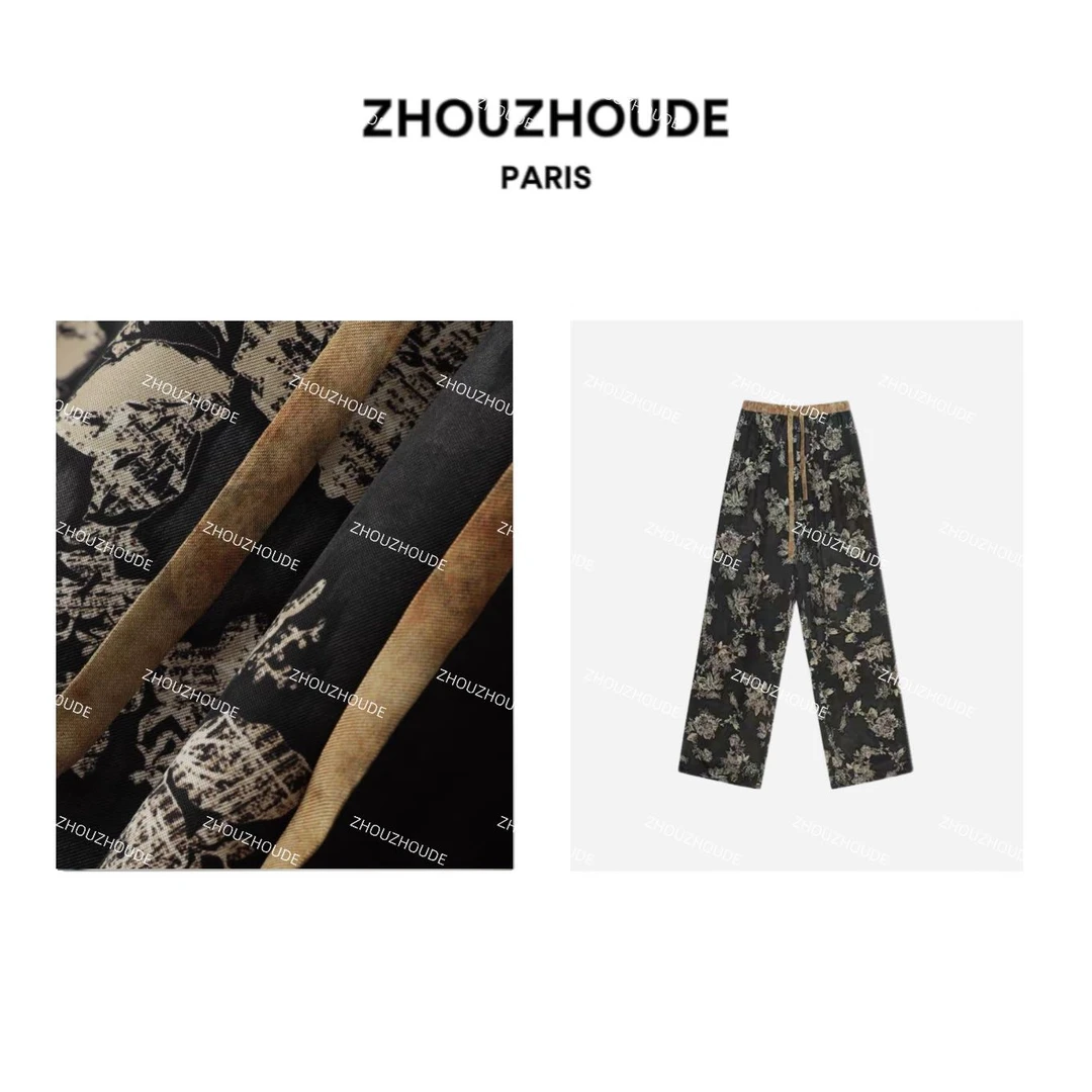 ZHOUZHOUDE【梦里花开】高定砂洗怀旧复古水墨提花显瘦阔腿直筒裤