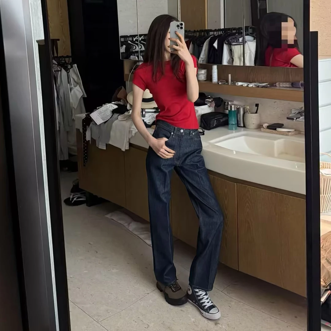 ROMI STUDIO复古红舒适棉圆领短袖T恤 / 弹力罗纹修身 RWCSSH2383