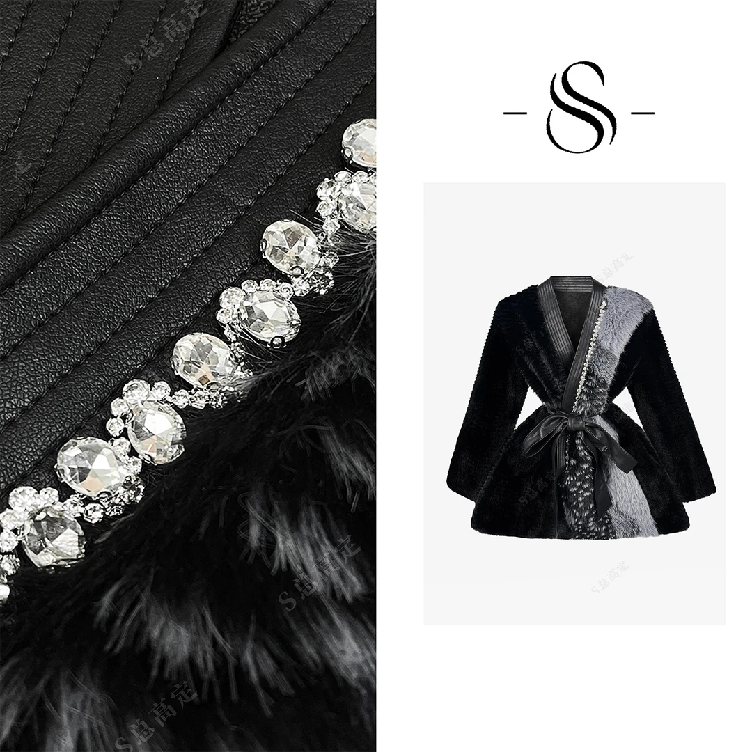 【妮妮】欧式冬季拼接设计钉珠花边束腰显瘦百搭外套D0410