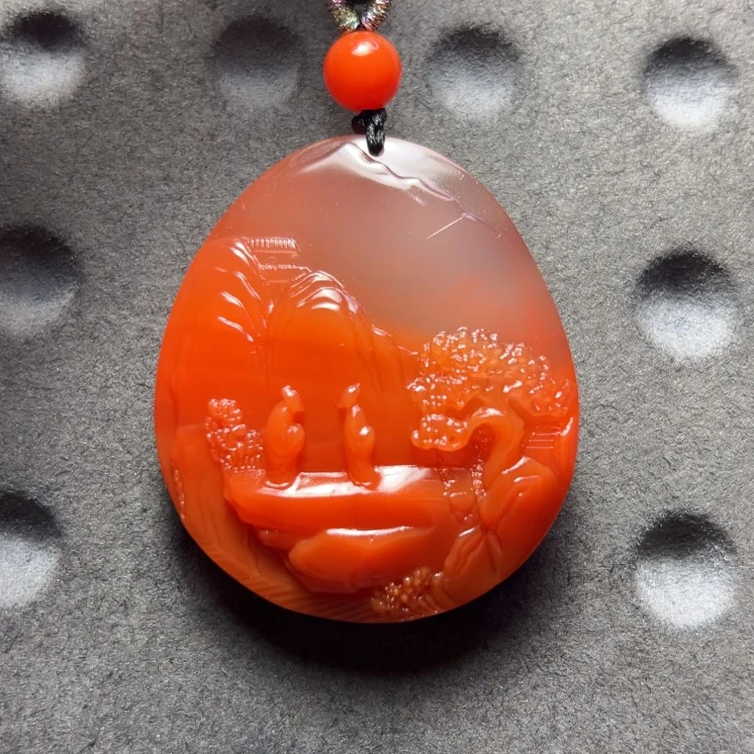 南红玛瑙杨柳滴水洞料南红山水人物牌未镶嵌