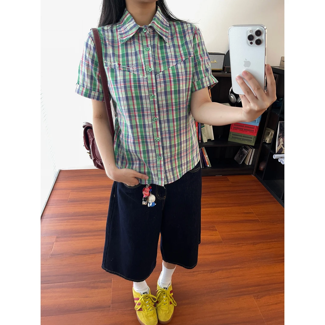19studio WAYNEPRINCE韩系复古刺绣上衣夏季格子女款修身短袖衬衫