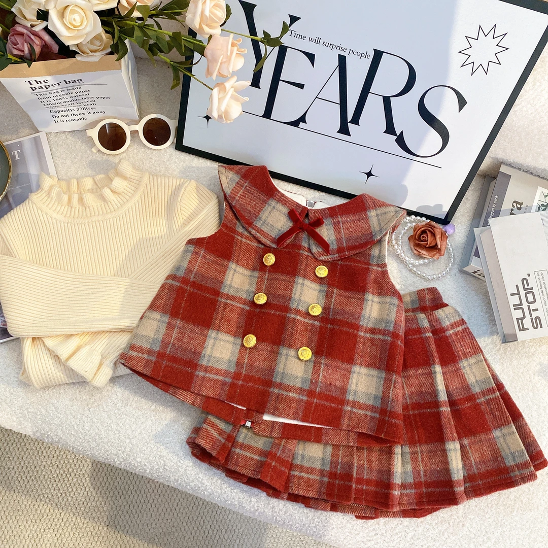 SD组合红格子 女童彩色设计款娃娃领加绒保暖百褶公主裙6230-6297