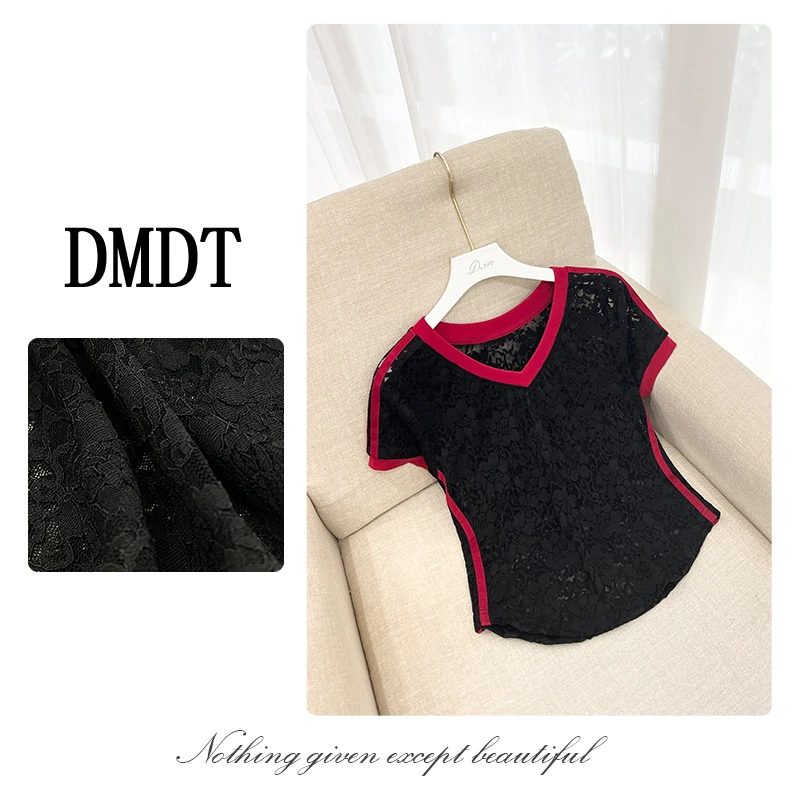 【DMDT潮牌】2025夏季新品 “轻纱”V领蕾丝拼色显瘦短袖休闲T恤T5553
