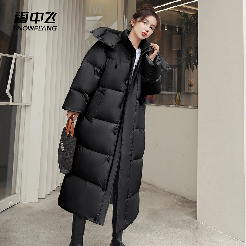 雪中飞2025冬款女士韩版潮流大廓形连帽长款高充绒羽绒服外套4308