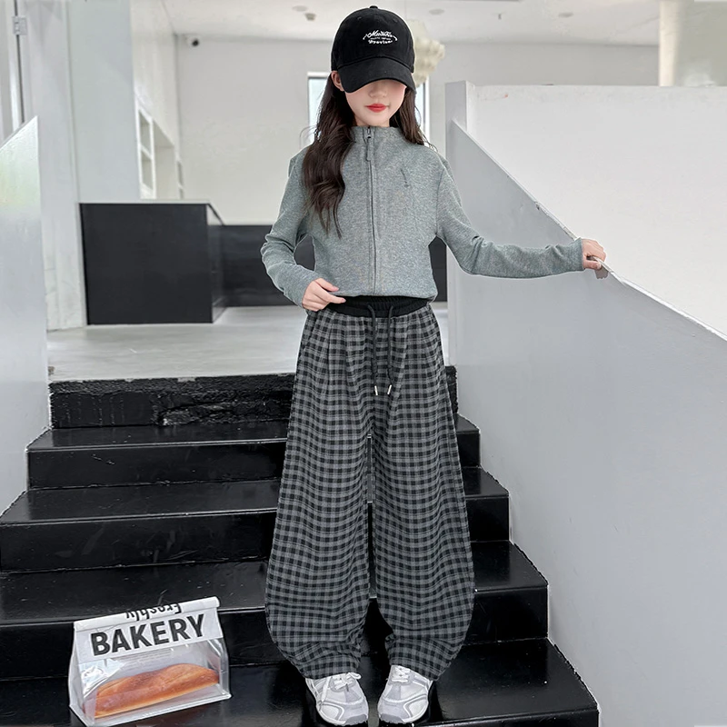 女童春秋款韩版套装2025新款儿童秋季长袖拉链衫格子裤休闲两件套