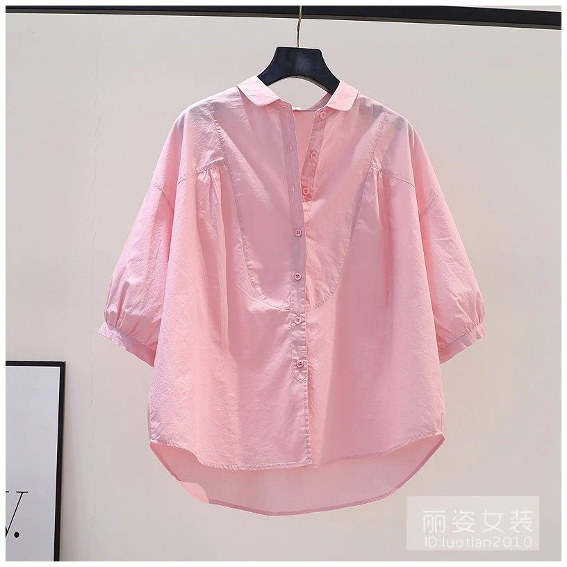 纯棉大码文艺范浅蓝色胖mm衬衣女长袖袖休闲衬衫夏季新款气质上衣