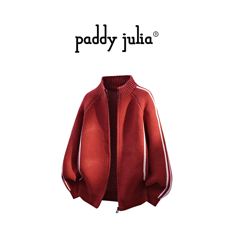 Paddy julia韩版撞色立领开衫毛衣男春秋季潮流时尚宽松针织外套