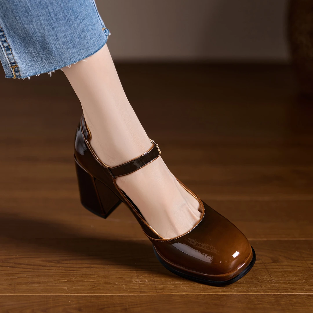 小个子不累脚防水台粗跟鞋复古擦色一字带玛丽珍鞋真皮单鞋小皮鞋