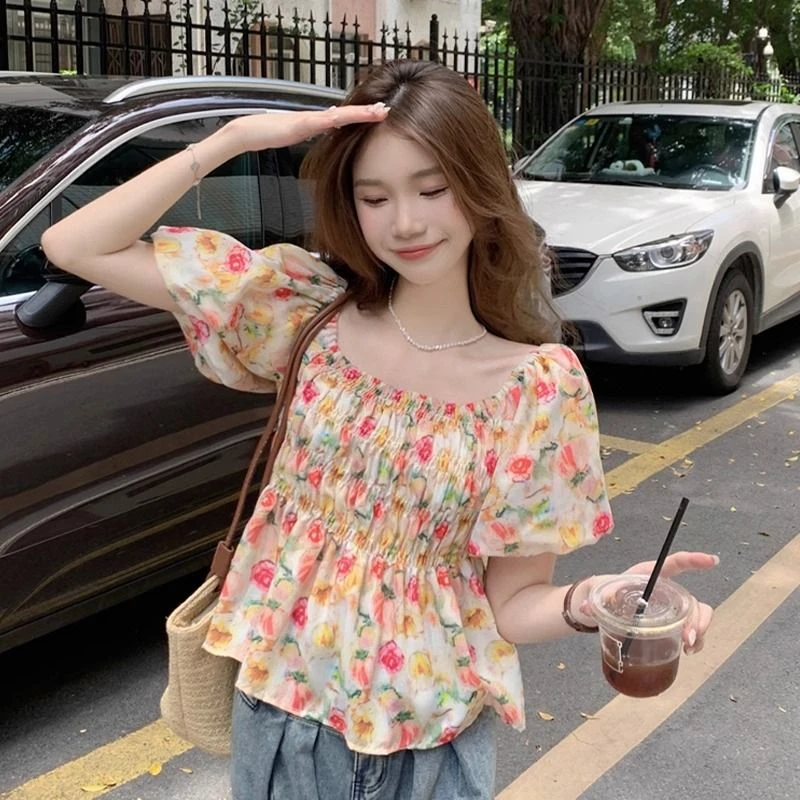 时尚气质百搭碎花短袖雪纺衫女装夏季新款大码法式方领泡泡袖收腰